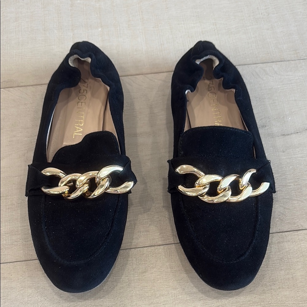 Black Suede Loafers with Gold Chain Detail
